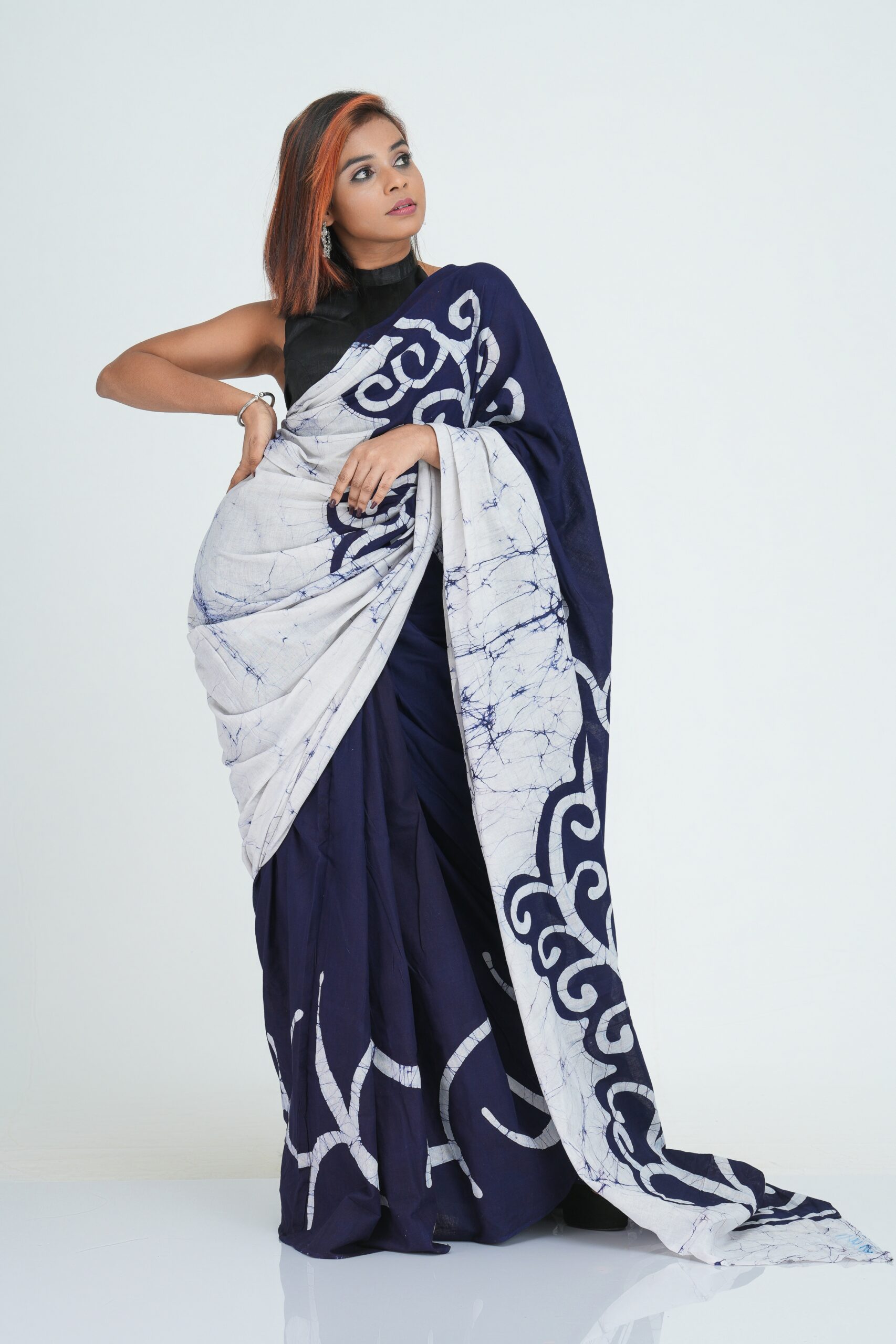 Cotton Batik Collection (Dark Blue & White) Saree